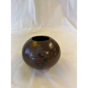 Handcrafted Brown Ceramic Navajo Pottery Vase With Red & Black Geometric Design
